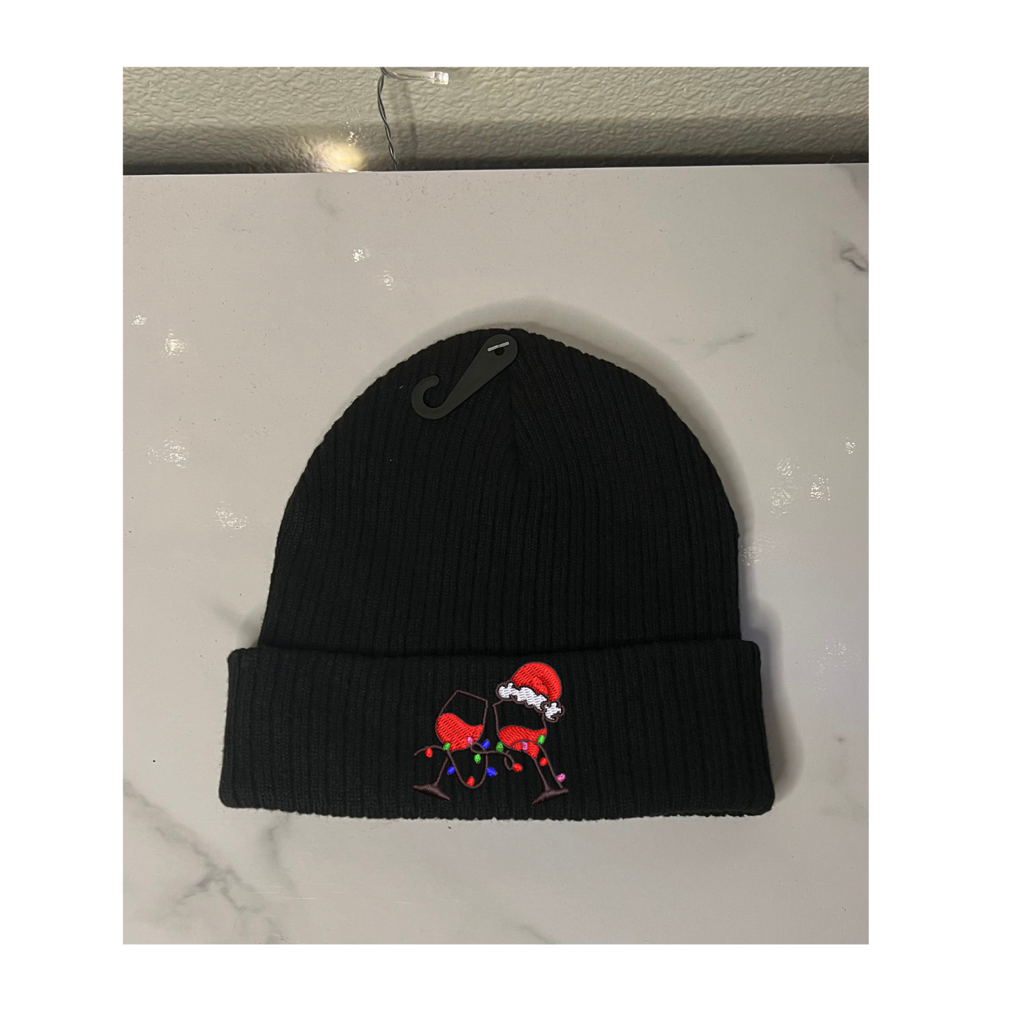 'Wine Glasses with Christmas Hat and Lights' Embroidered Beanie