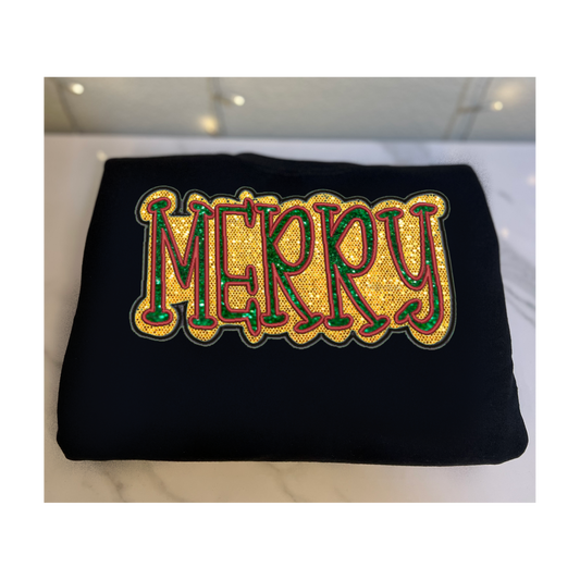 'MERRY' Embroidered Sweatshirt + HTV Glitter Vinyl