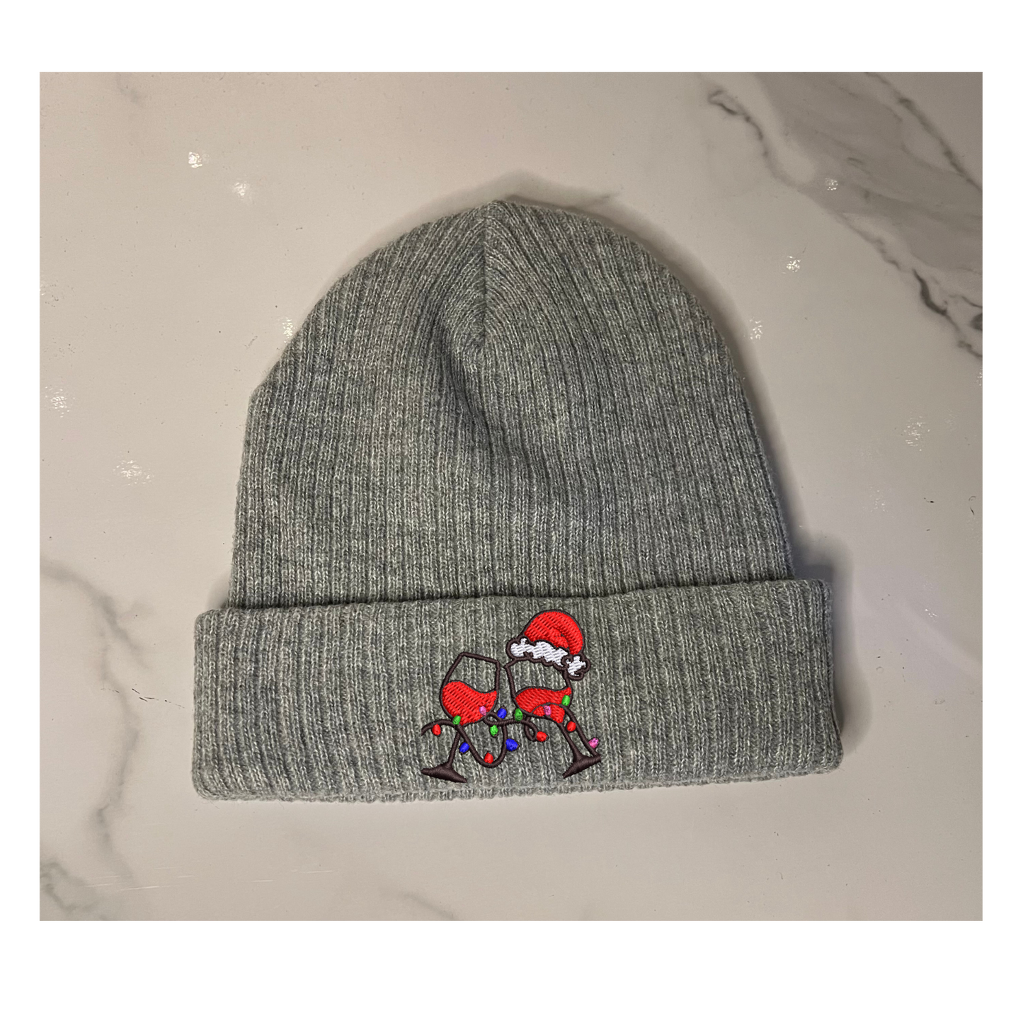 'Wine Glasses with Christmas Hat and Lights' Embroidered Beanie