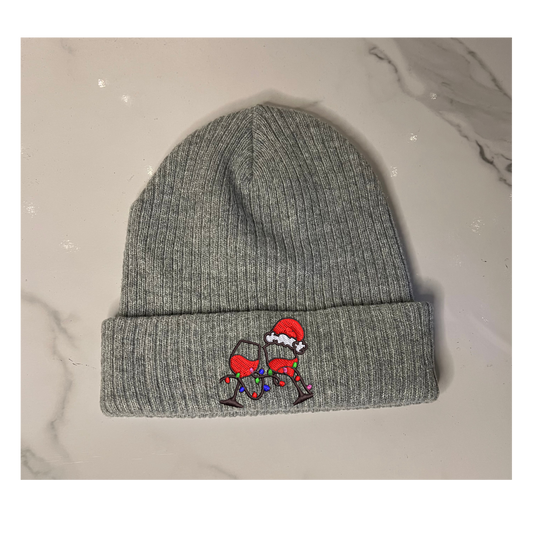 'Wine Glasses with Christmas Hat and Lights' Embroidered Beanie